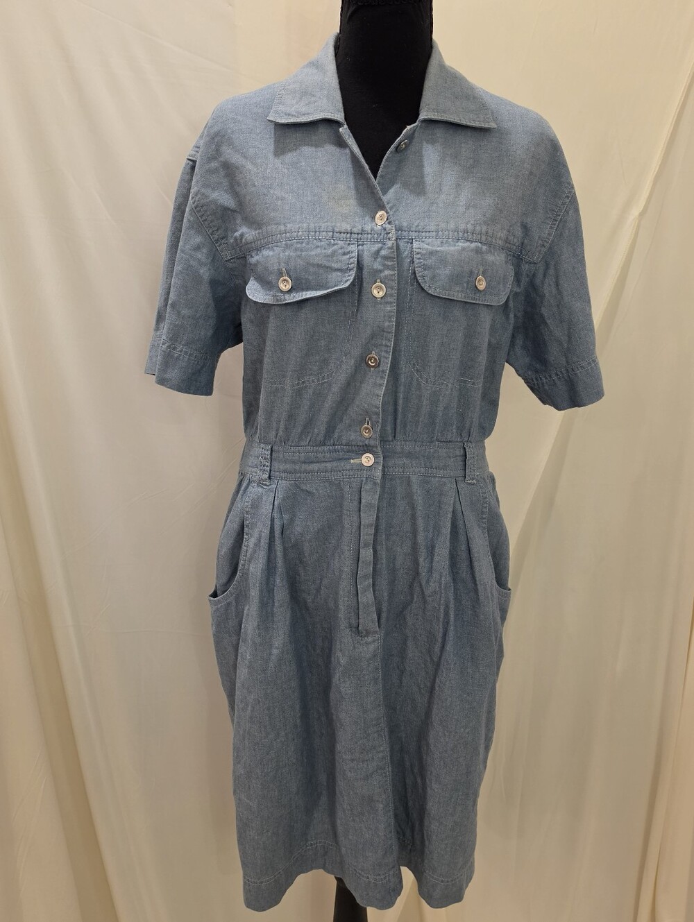Vtg 80s Liz Claiborne Denim Chambray Shirt Dress Womens 14 Cotton Short Sleeve